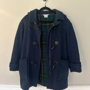 Navy Blue Pea Coat with Plaid Lining